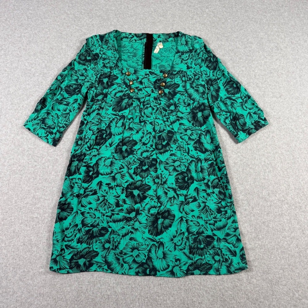 Maeve Anthropologie Green Black Floral Boho Festival Mini Dress Button 4